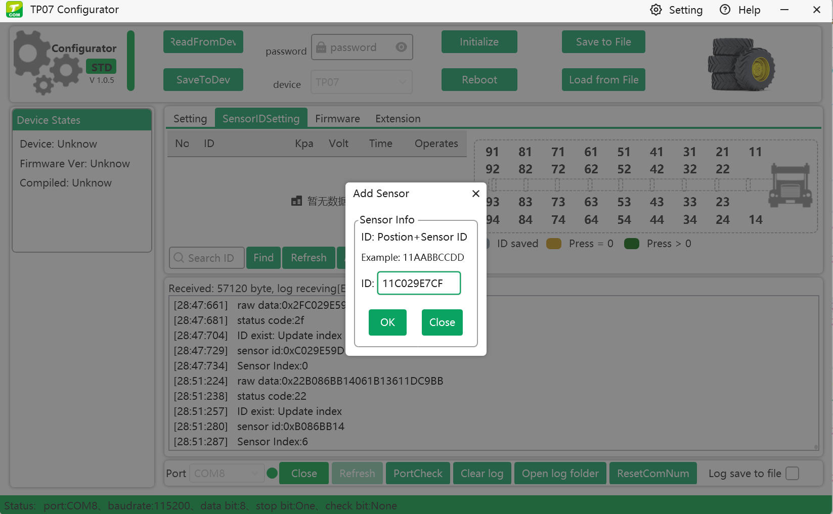 add tire ID and sensor ID on TPMS configurator