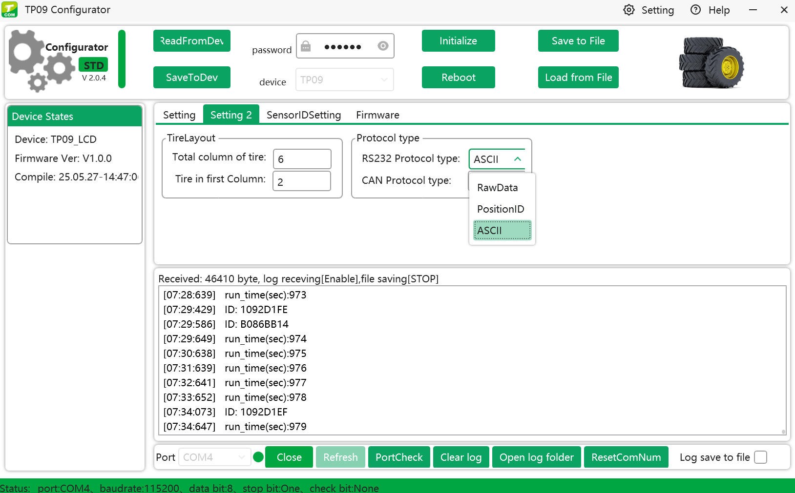 Teltonika GPS tracker with TPMS receiver TP07 via RS232