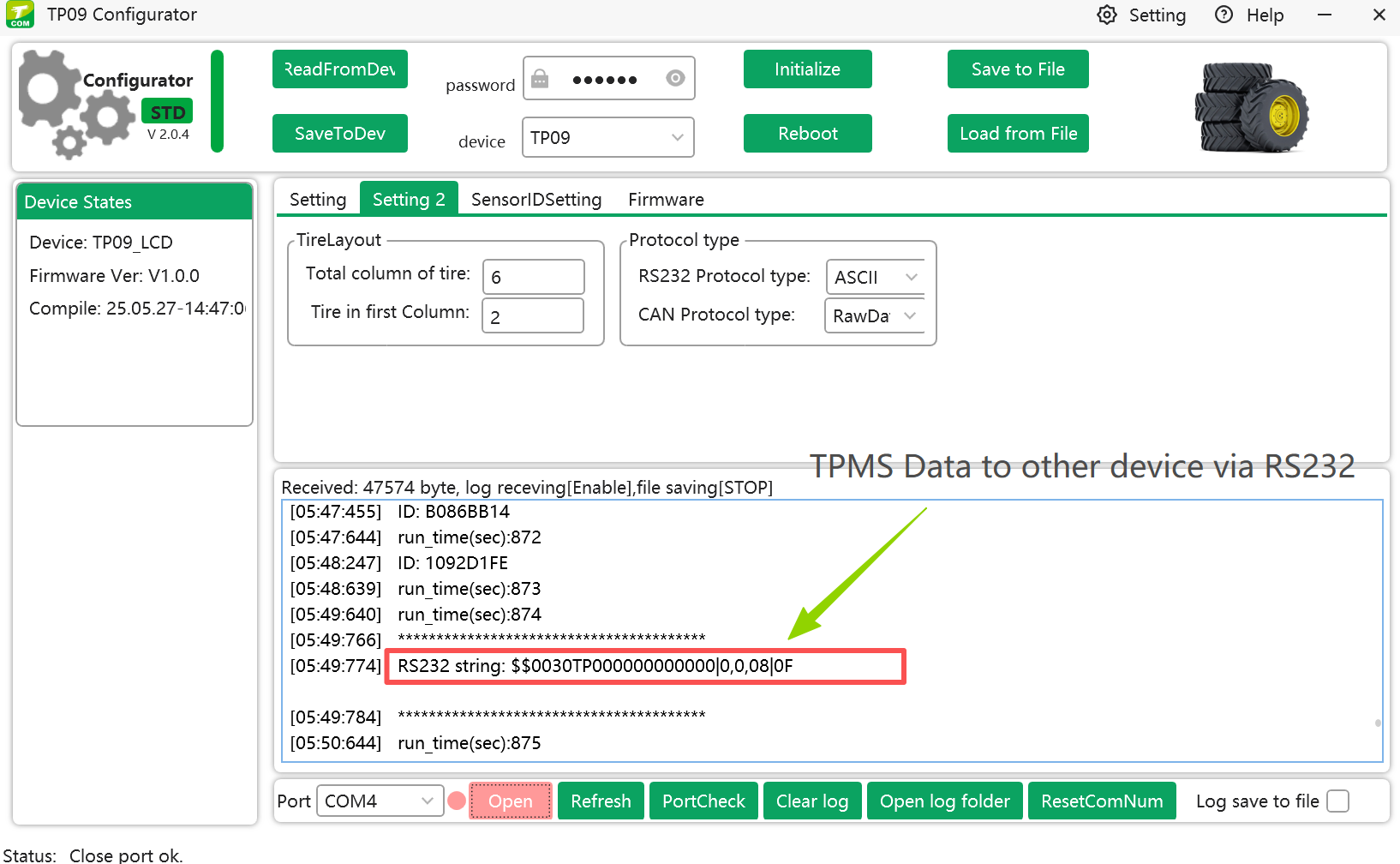 Teltonika GPS tracker with TPMS receiver TP07 via RS232