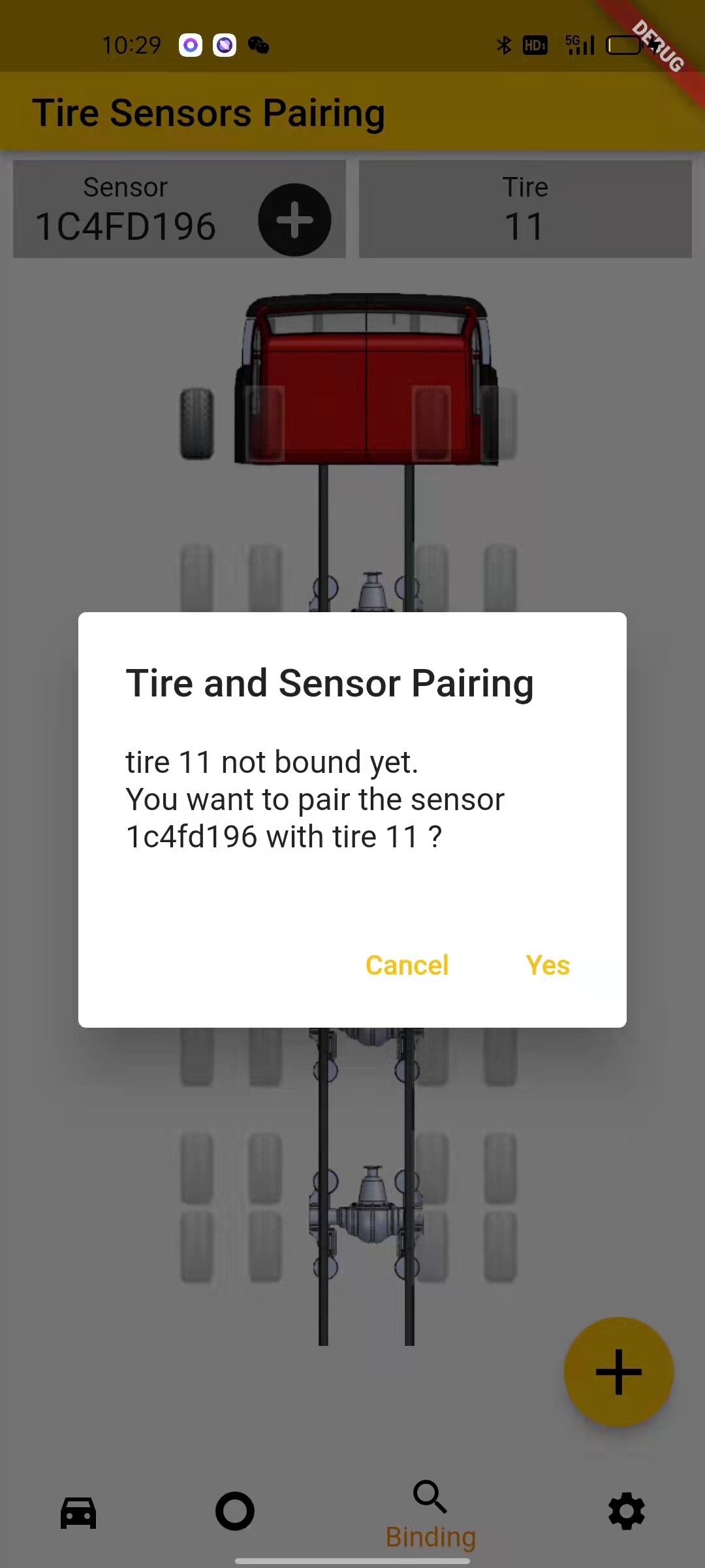 tpms app bindings of tires and sensors