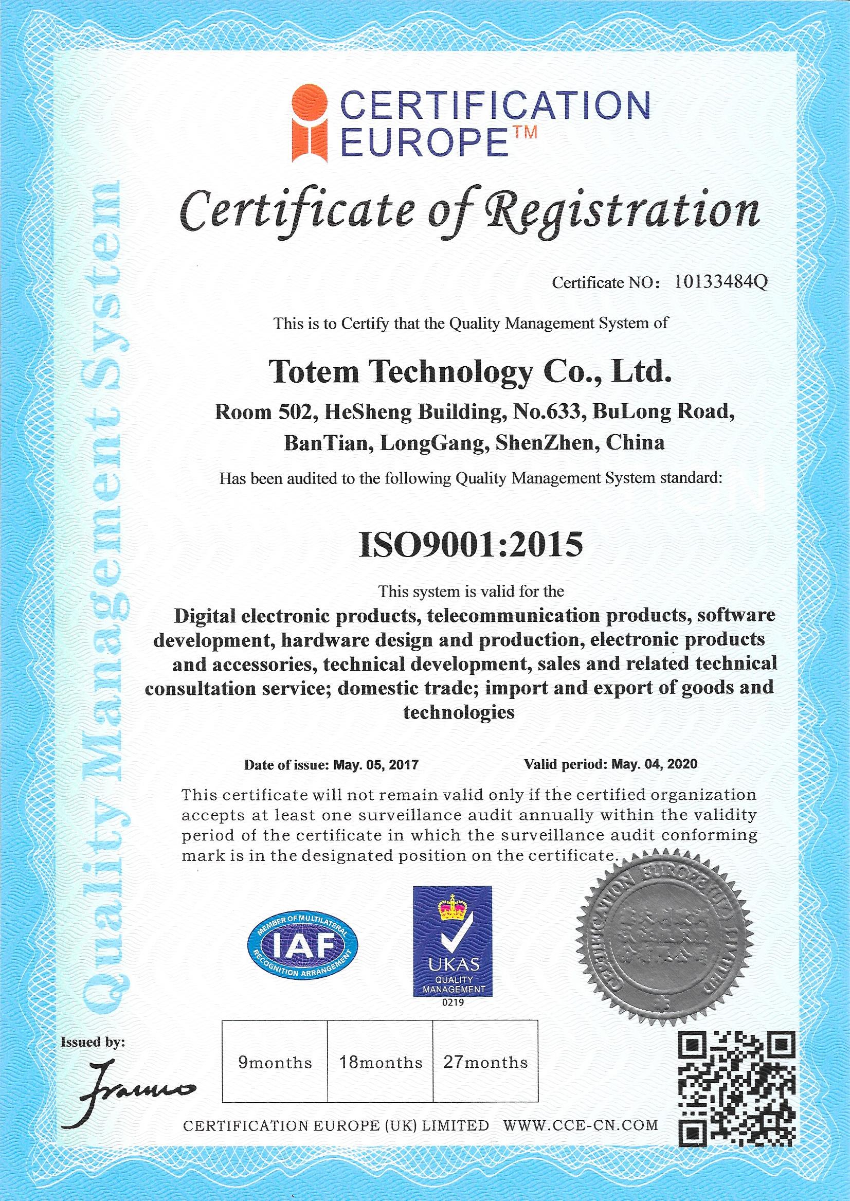 totem technology ISO9001:2015 certified